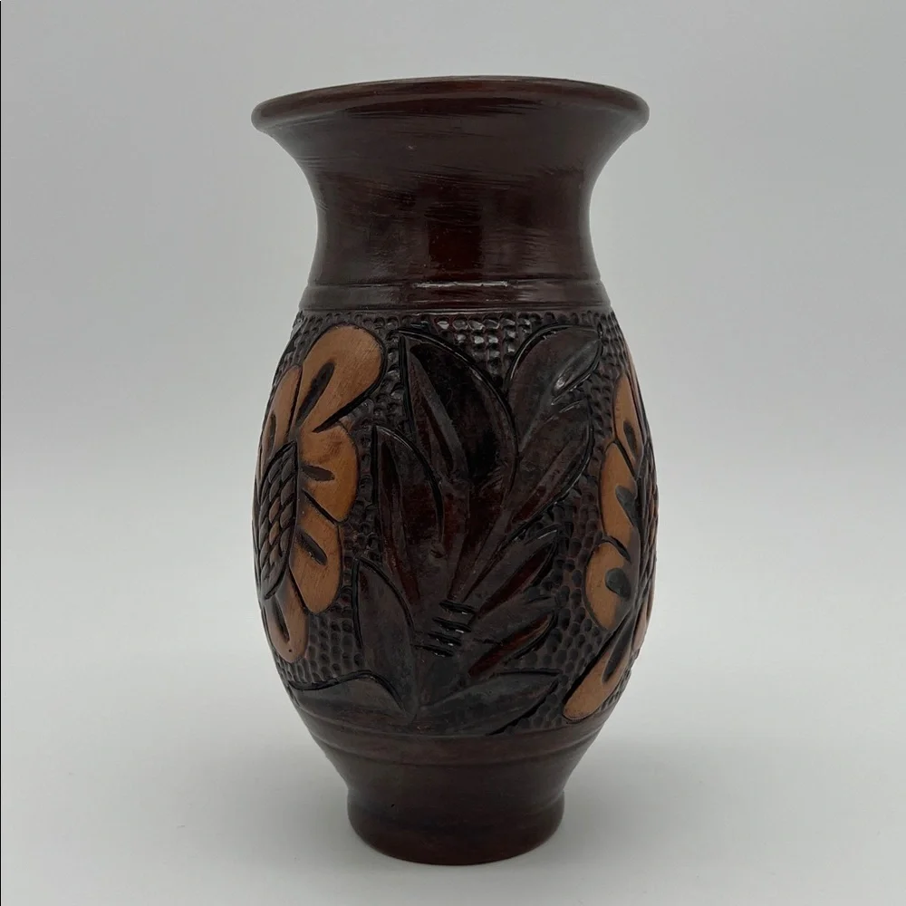 Vintage Handcrafted Korond Pottery Brown Floral Vase Transylvania ~ 7 Inches